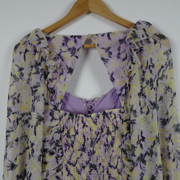 Free People Mabel Printed Blouse Top Women's XS Purple Yellow Open Back - Picture 10 of 16